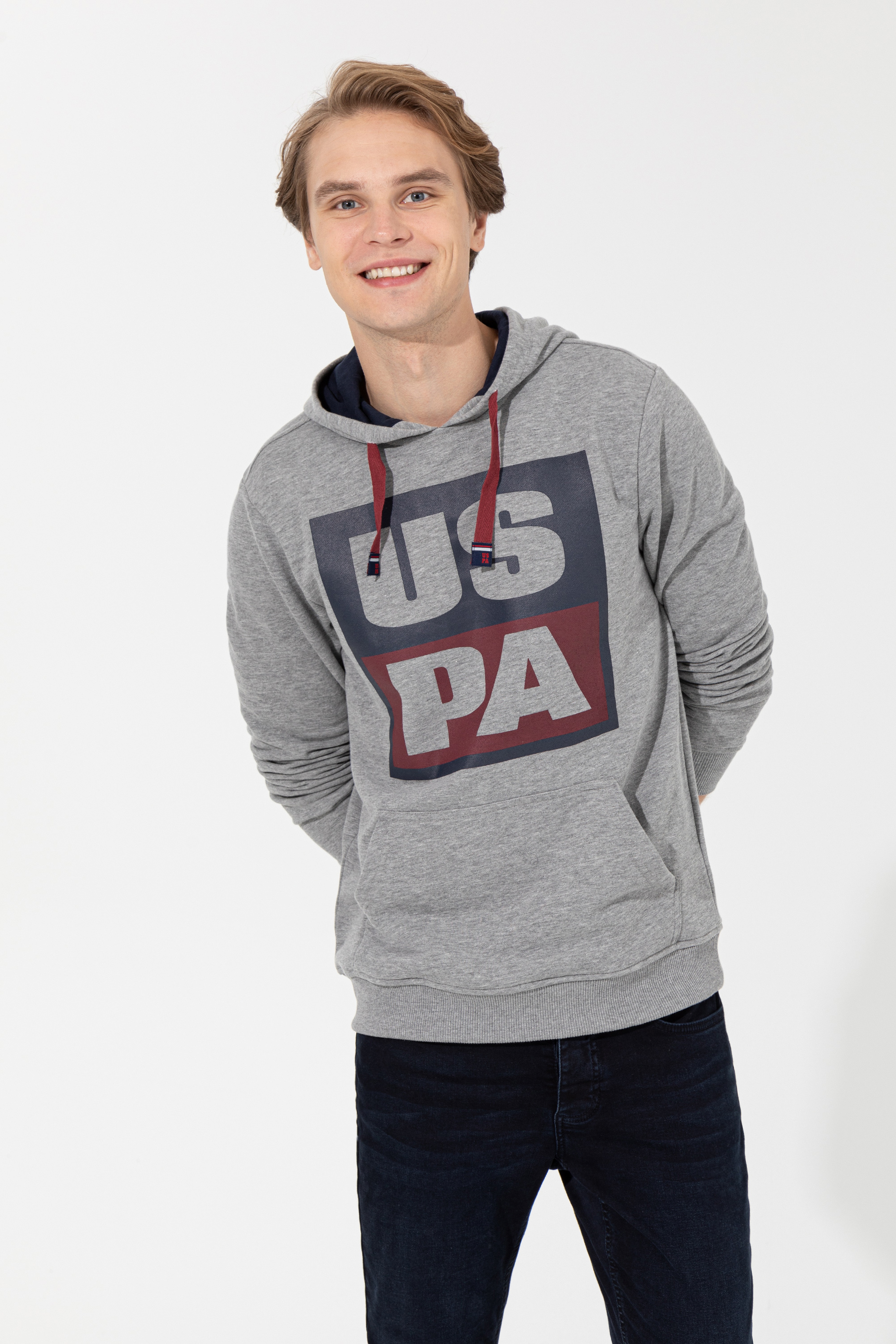 Erkek Gri Melanj Kapüşonlu Sweatshirt