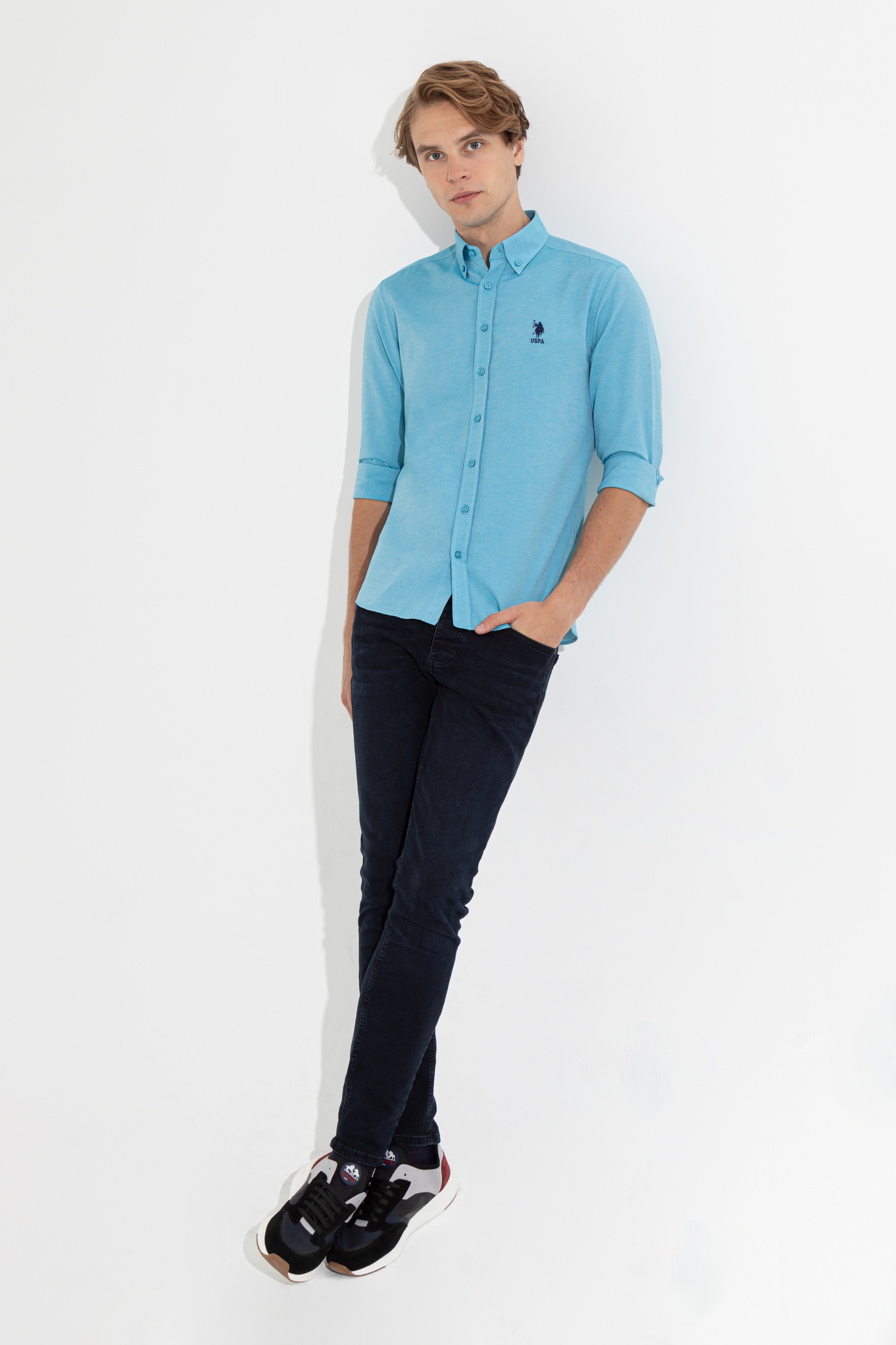 Erkek Petrol Uzun Kollu Basic Gömlek