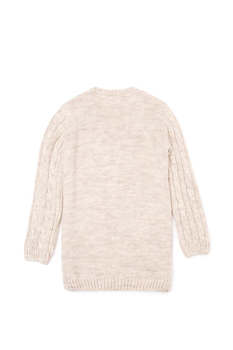 Kız Çocuk Krem Melanj Bisiklet Yaka Triko Elbise - 50253395007