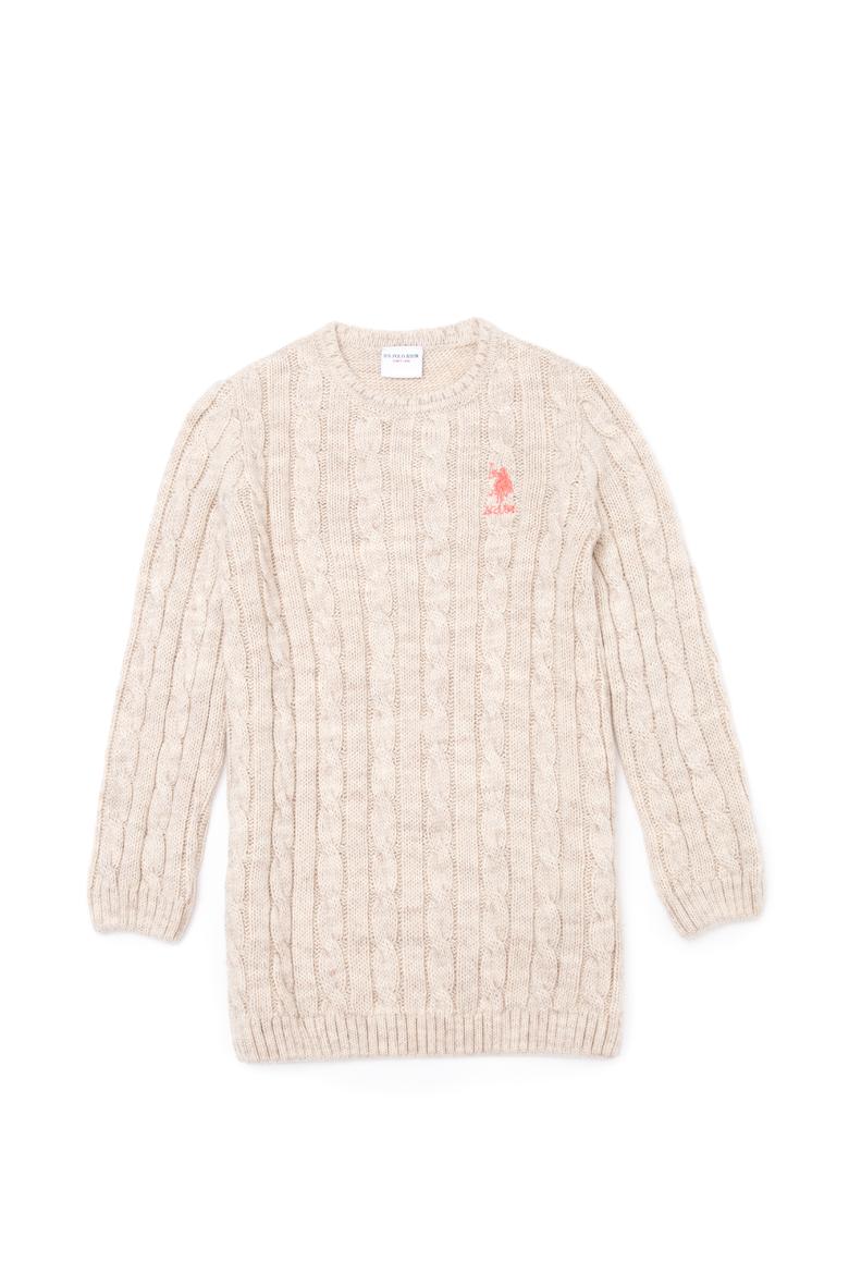 Kız Çocuk Krem Melanj Bisiklet Yaka Triko Elbise