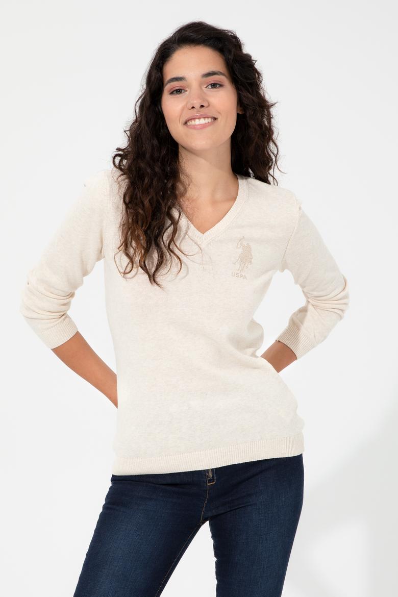 Kadın Beyaz V - Yaka Triko Kazak Basic