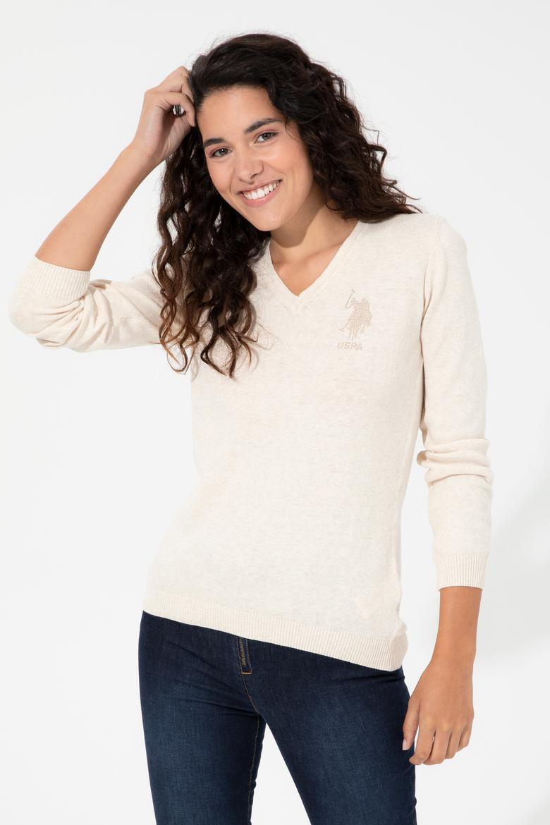 Kadın Beyaz V - Yaka Triko Kazak Basic - 50237093025