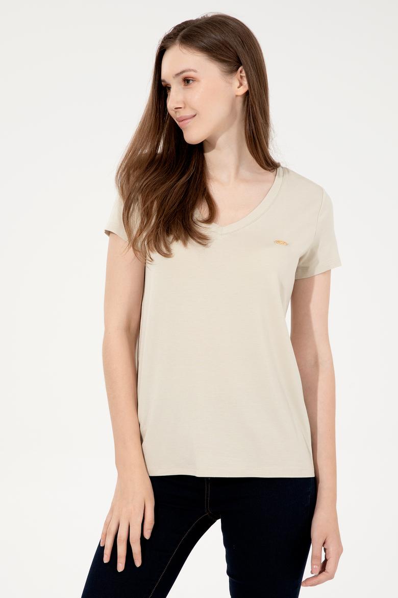 Kadın Taş V Yaka Basic Tişört - 50246033078