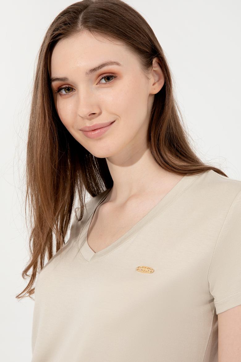 Kadın Taş V Yaka Basic Tişört - 50246033078