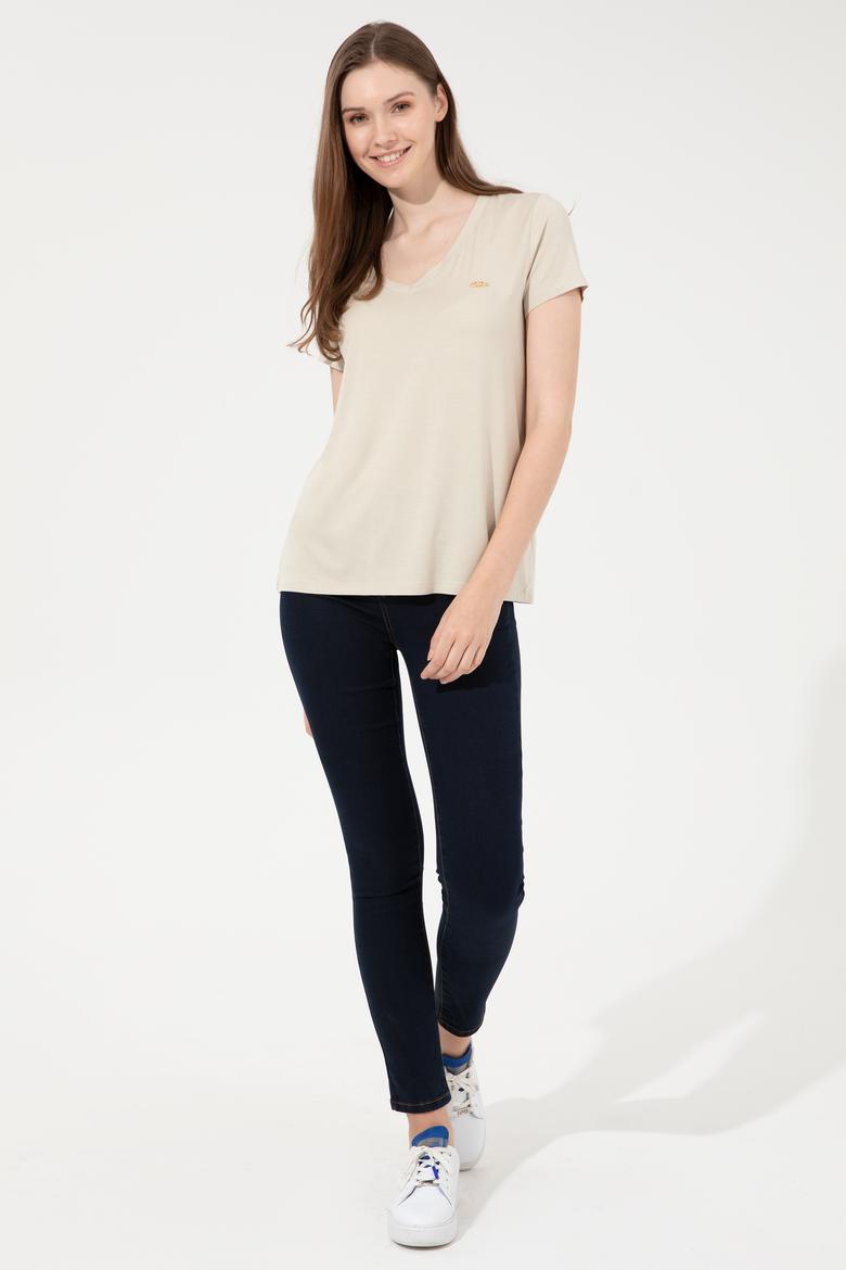 Kadın Taş V Yaka Basic Tişört - 50246033078
