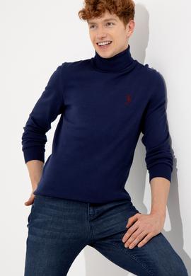 Erkek Mavi Balıkçı Yaka Basic Triko Kazak - 50251874082