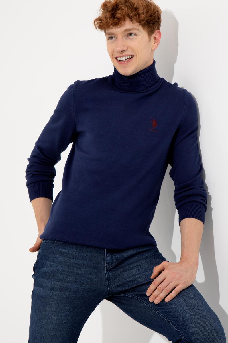 Erkek Mavi Balıkçı Yaka Basic Triko Kazak