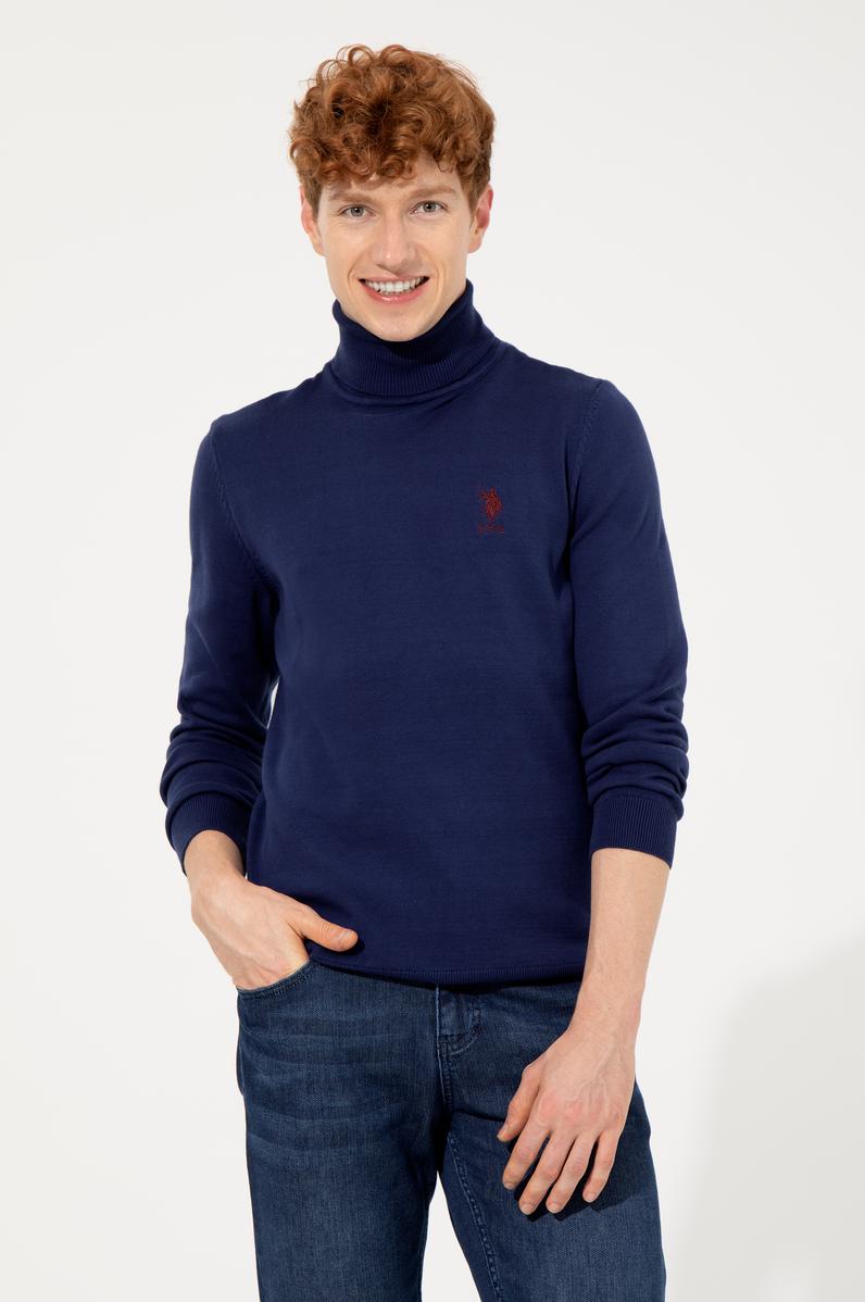 Erkek Mavi Balıkçı Yaka Basic Triko Kazak