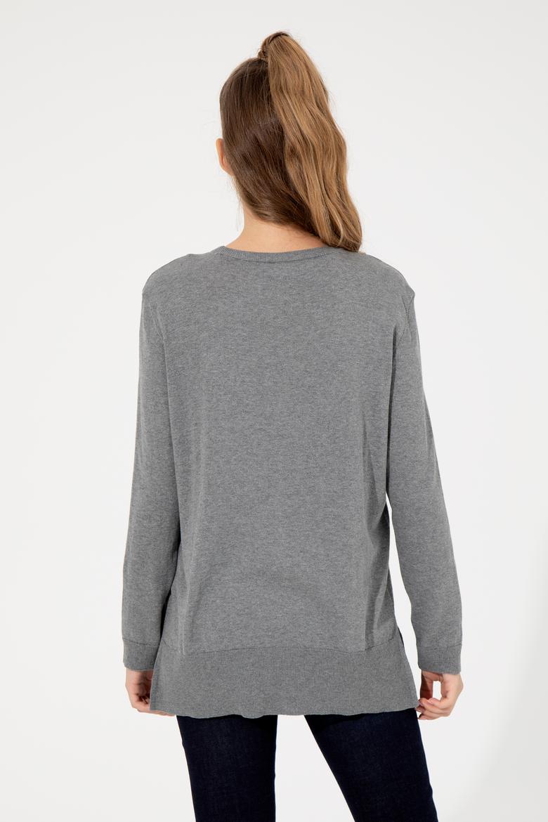 Kadın Gri Melanj  Bisiklet Yaka Basic Kazak - 50251905047