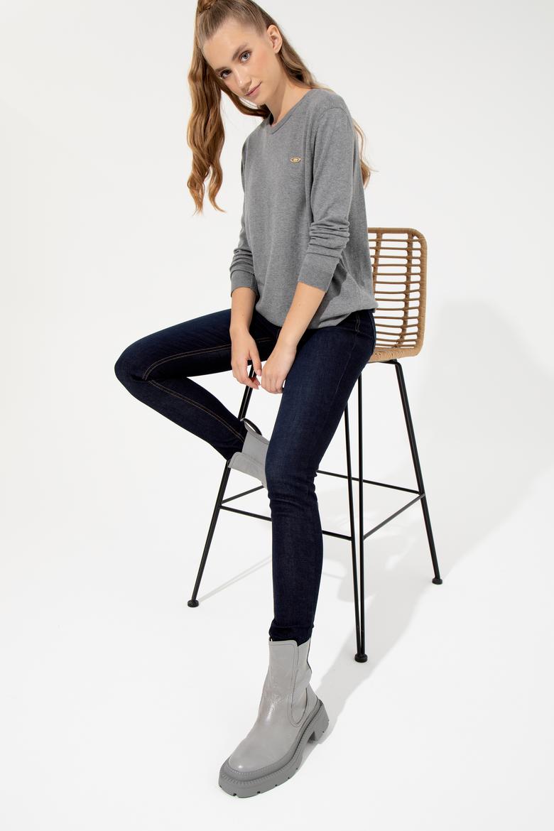 Kadın Gri Melanj  Bisiklet Yaka Basic Kazak - 50251905047