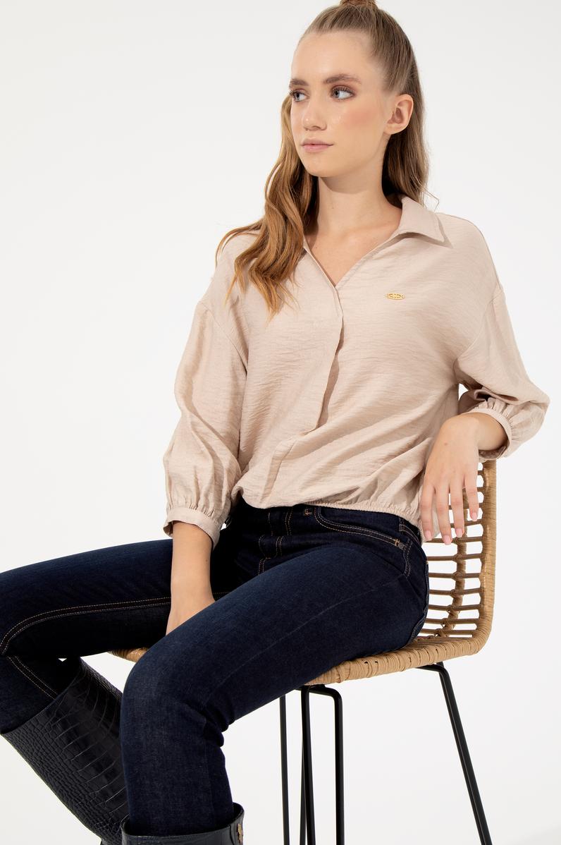 Kadın Ekru Uzun Kollu Gömlek