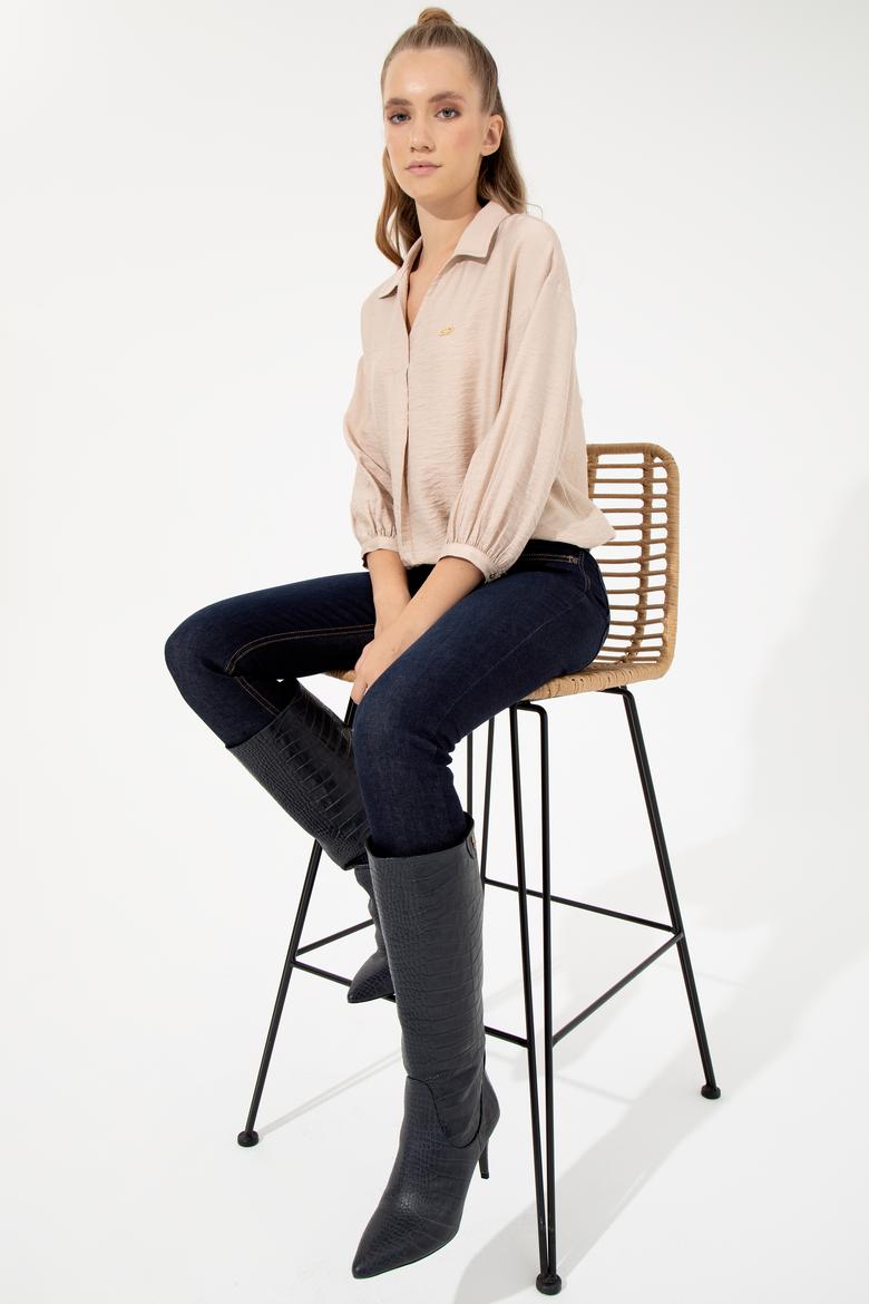 Kadın Ekru Uzun Kollu Gömlek - 50253799020