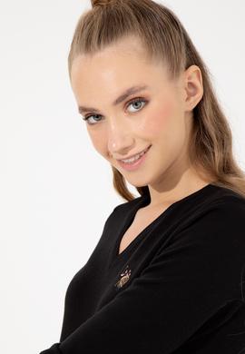 Kadın Siyah V Yaka Basic Kazak - 50255648021