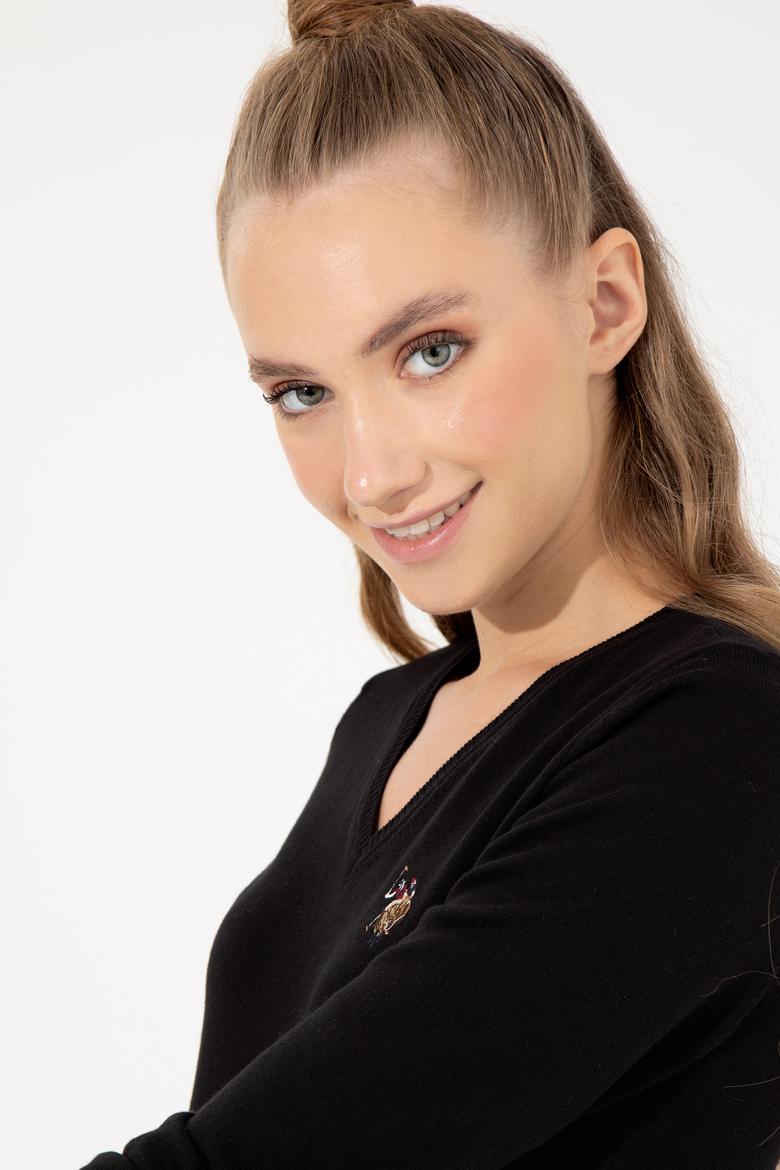 Kadın Siyah V Yaka Basic Kazak - 50255648021