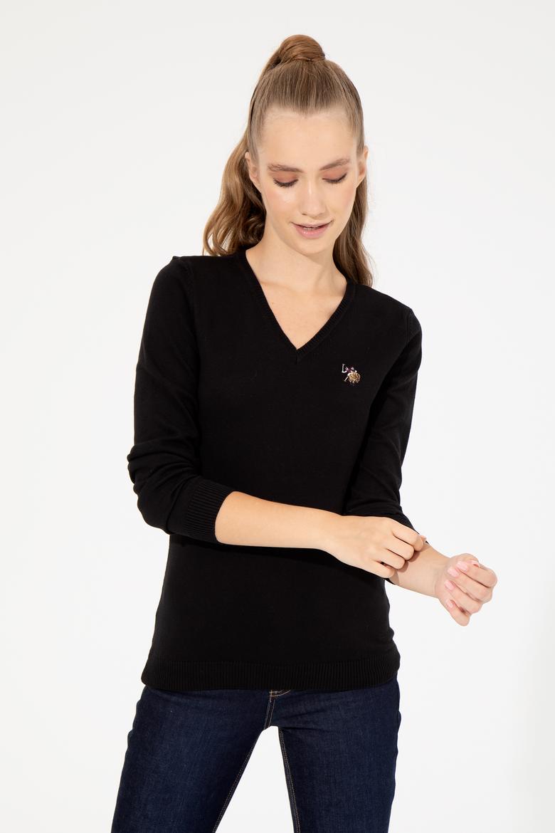 Kadın Siyah V Yaka Basic Kazak - 50255648021