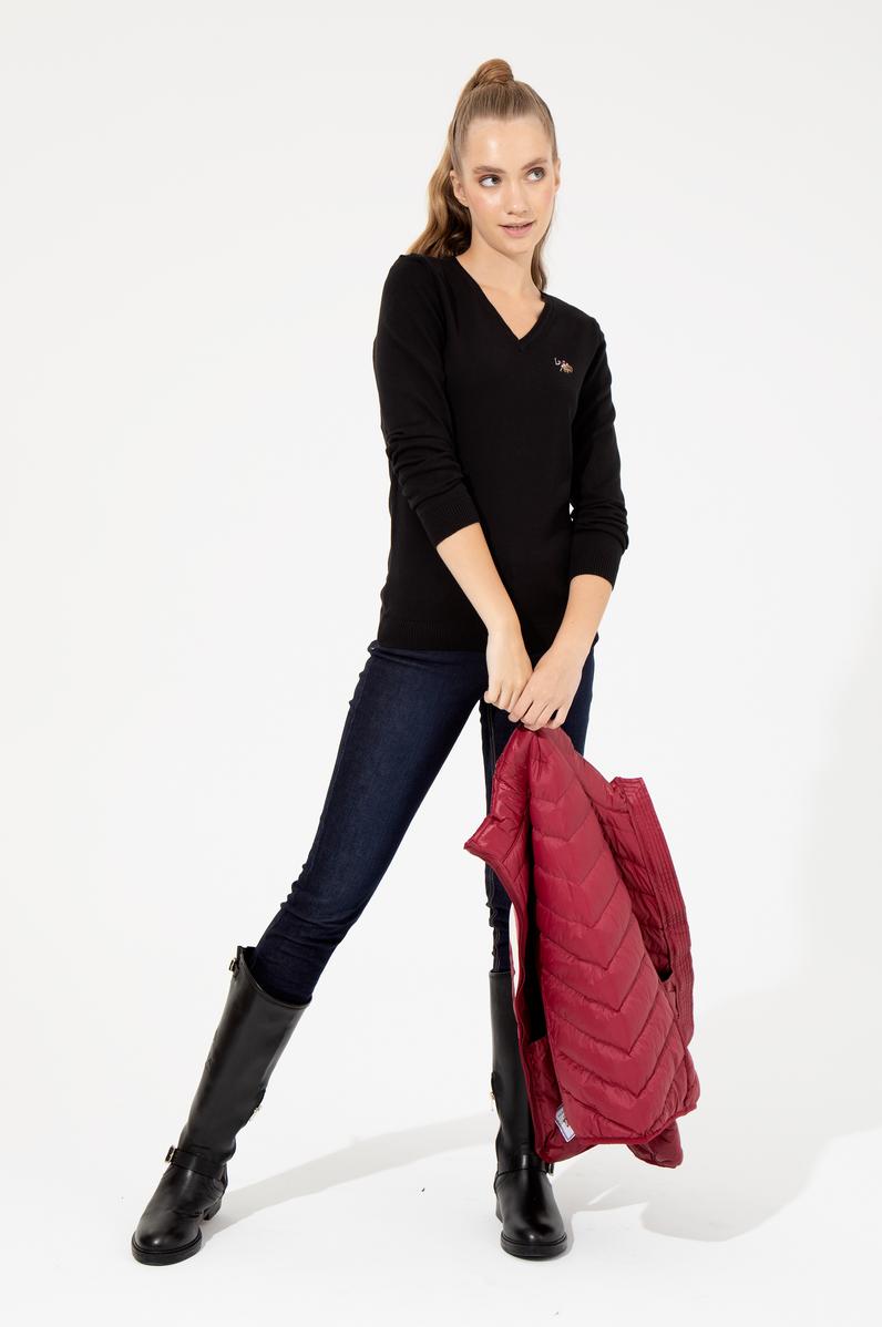 Kadın Siyah V Yaka Basic Kazak