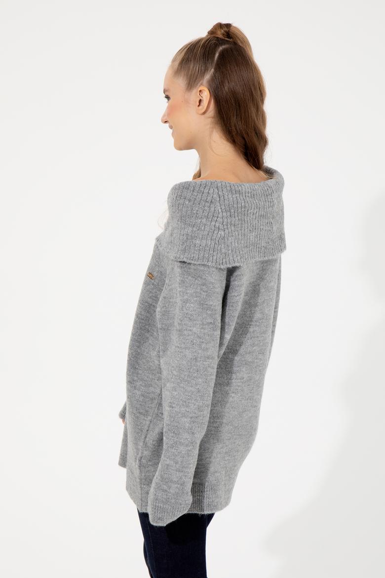 Kadın Gri Melanj Bisiklet Yaka Kazak - 50253330019