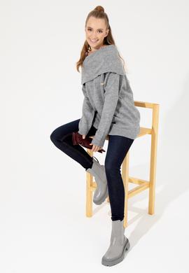 Kadın Gri Melanj Bisiklet Yaka Kazak - 50253330019