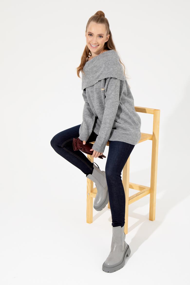 Kadın Gri Melanj Bisiklet Yaka Kazak