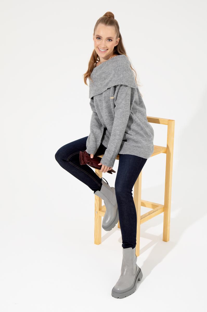 Kadın Gri Melanj Bisiklet Yaka Kazak