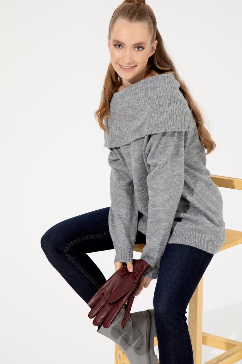 Kadın Gri Melanj Bisiklet Yaka Kazak - 50253330019