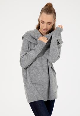 Kadın Gri Melanj Bisiklet Yaka Kazak - 50253330019