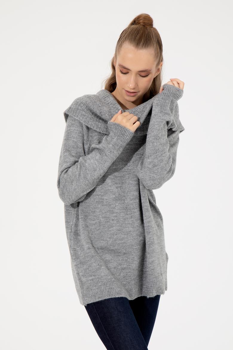 Kadın Gri Melanj Bisiklet Yaka Kazak - 50253330019