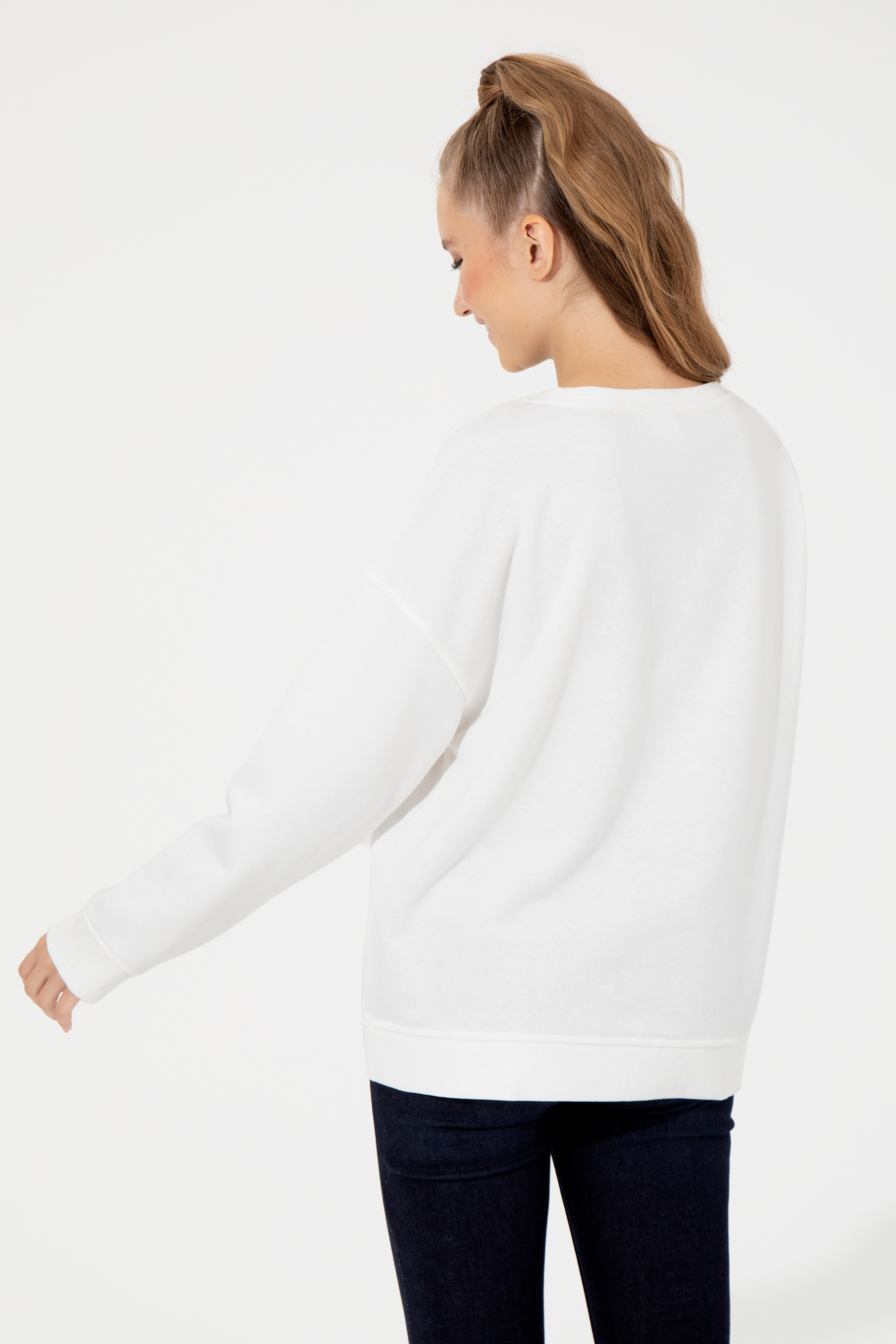 Kadın Ekru Bisiklet Yaka Sweatshirt