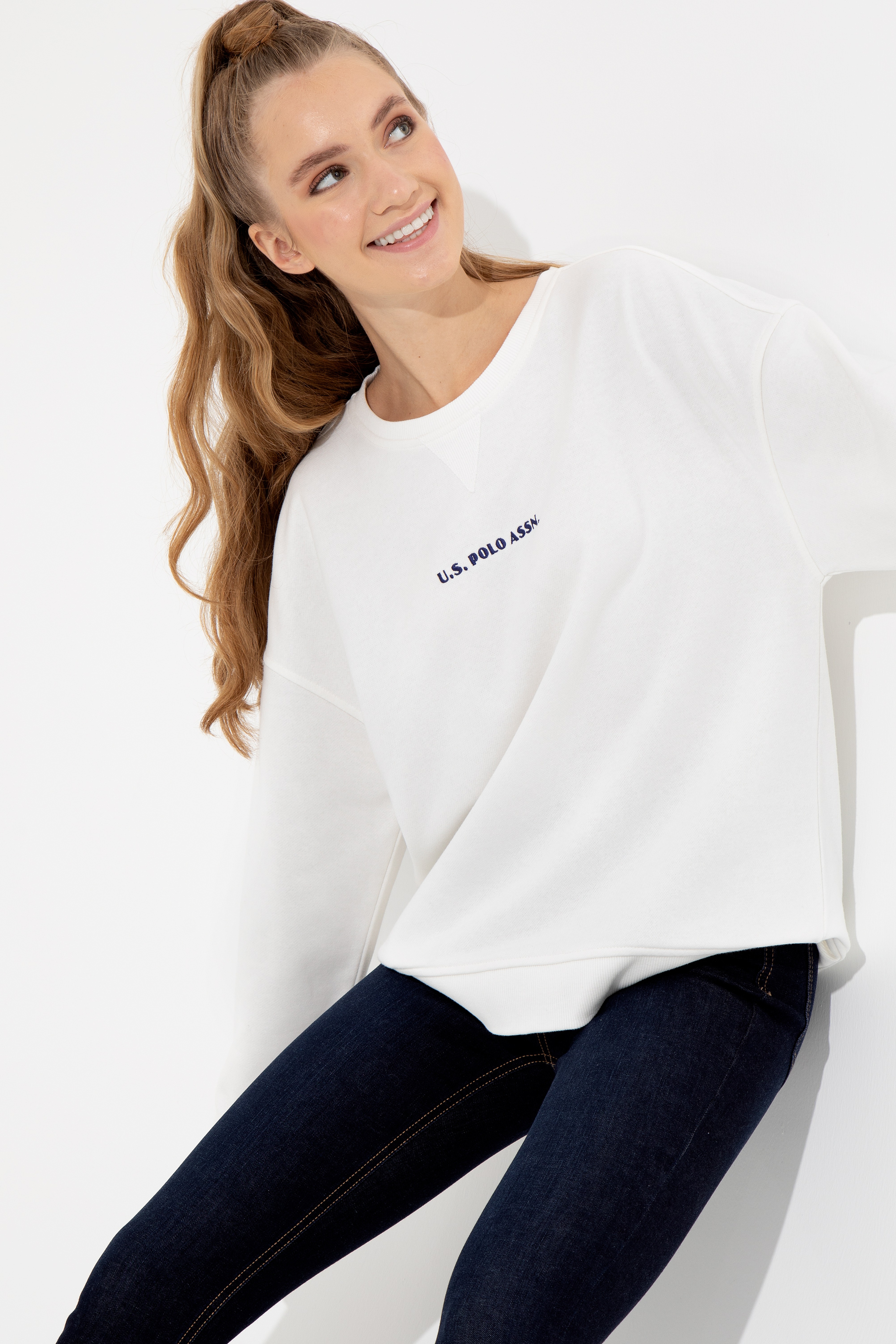 Kadın Ekru Bisiklet Yaka Sweatshirt - Image 3