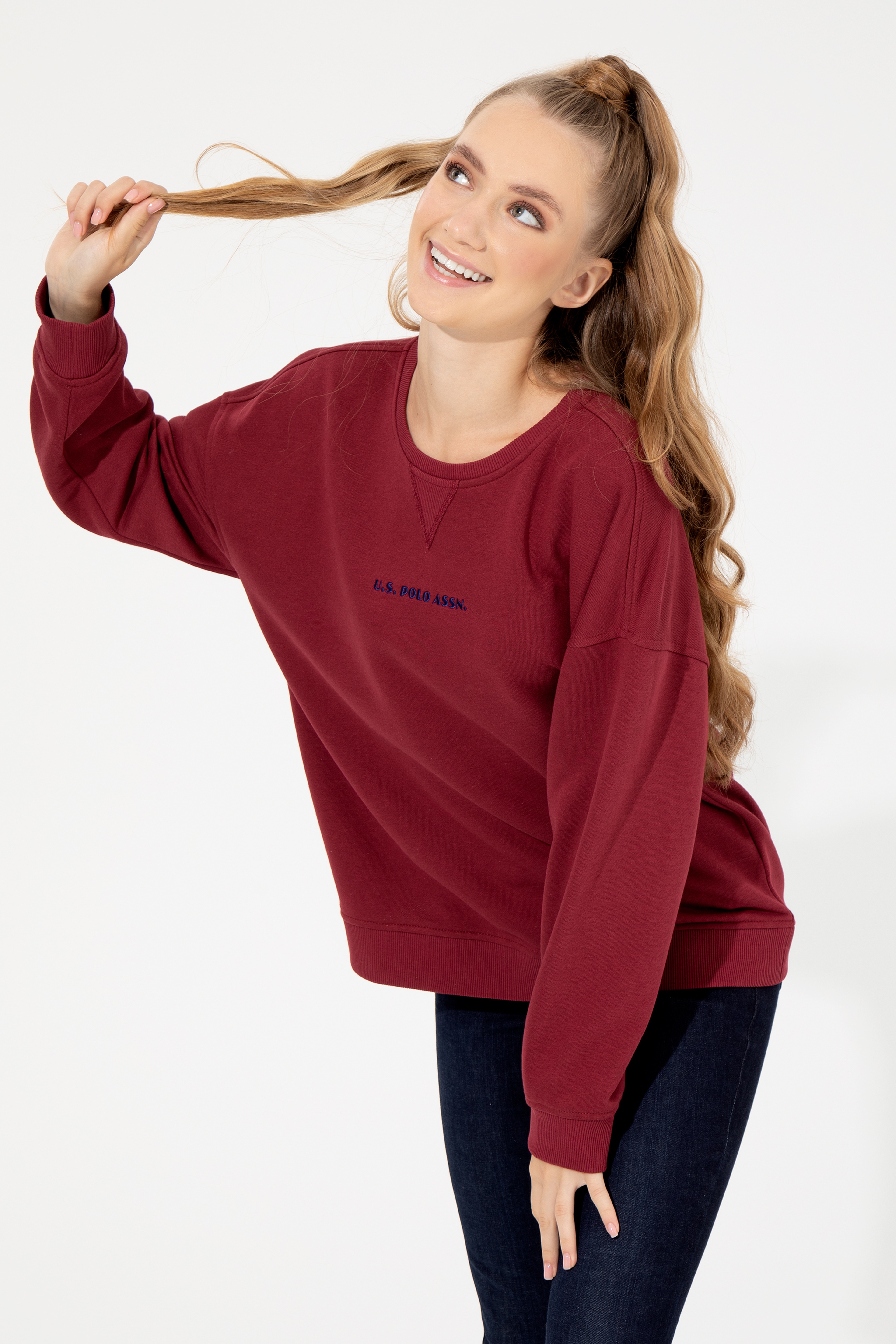 Kadın Kırmızı Bisiklet Yaka Sweatshirt - Image 4