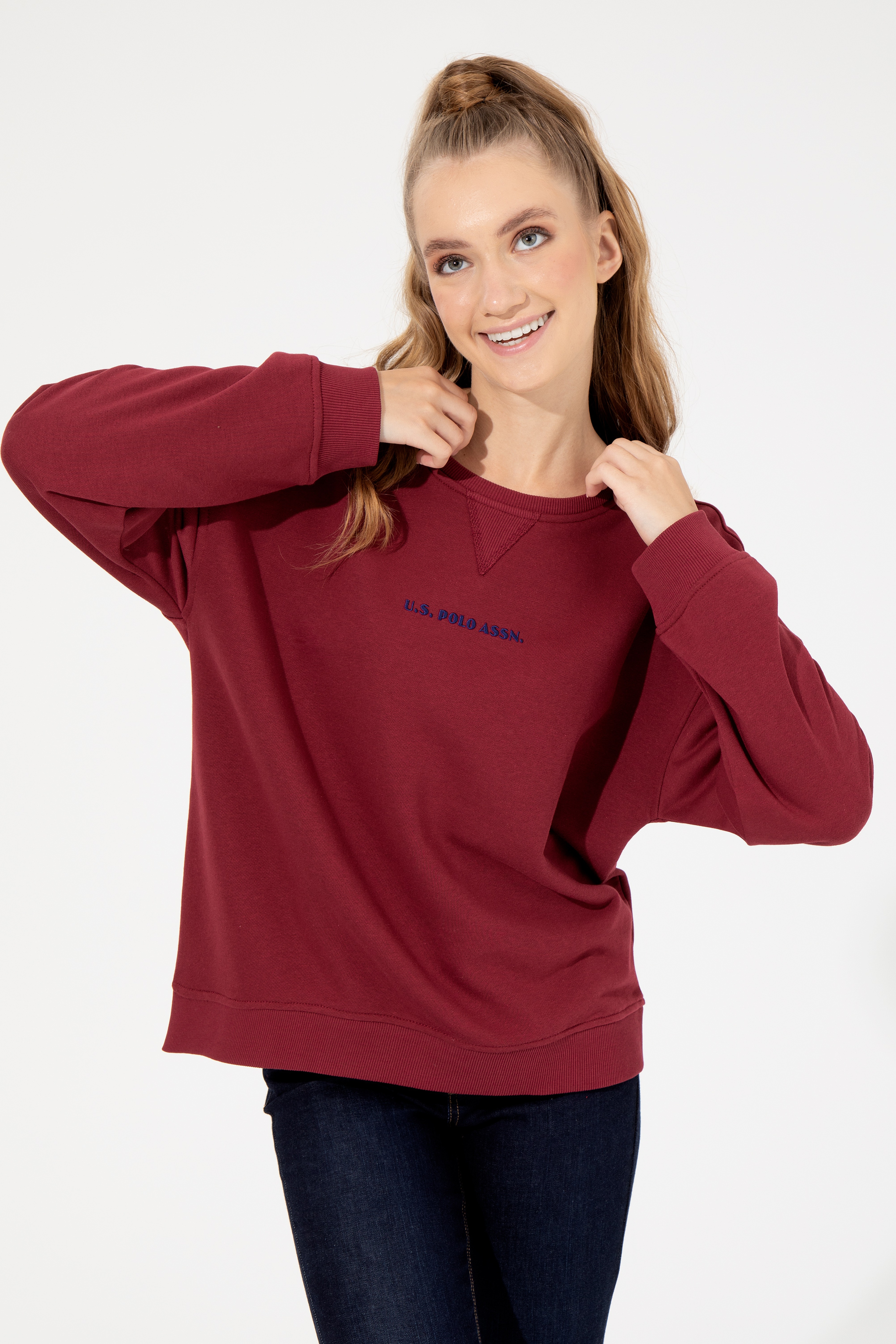Kadın Kırmızı Bisiklet Yaka Sweatshirt - Image 3