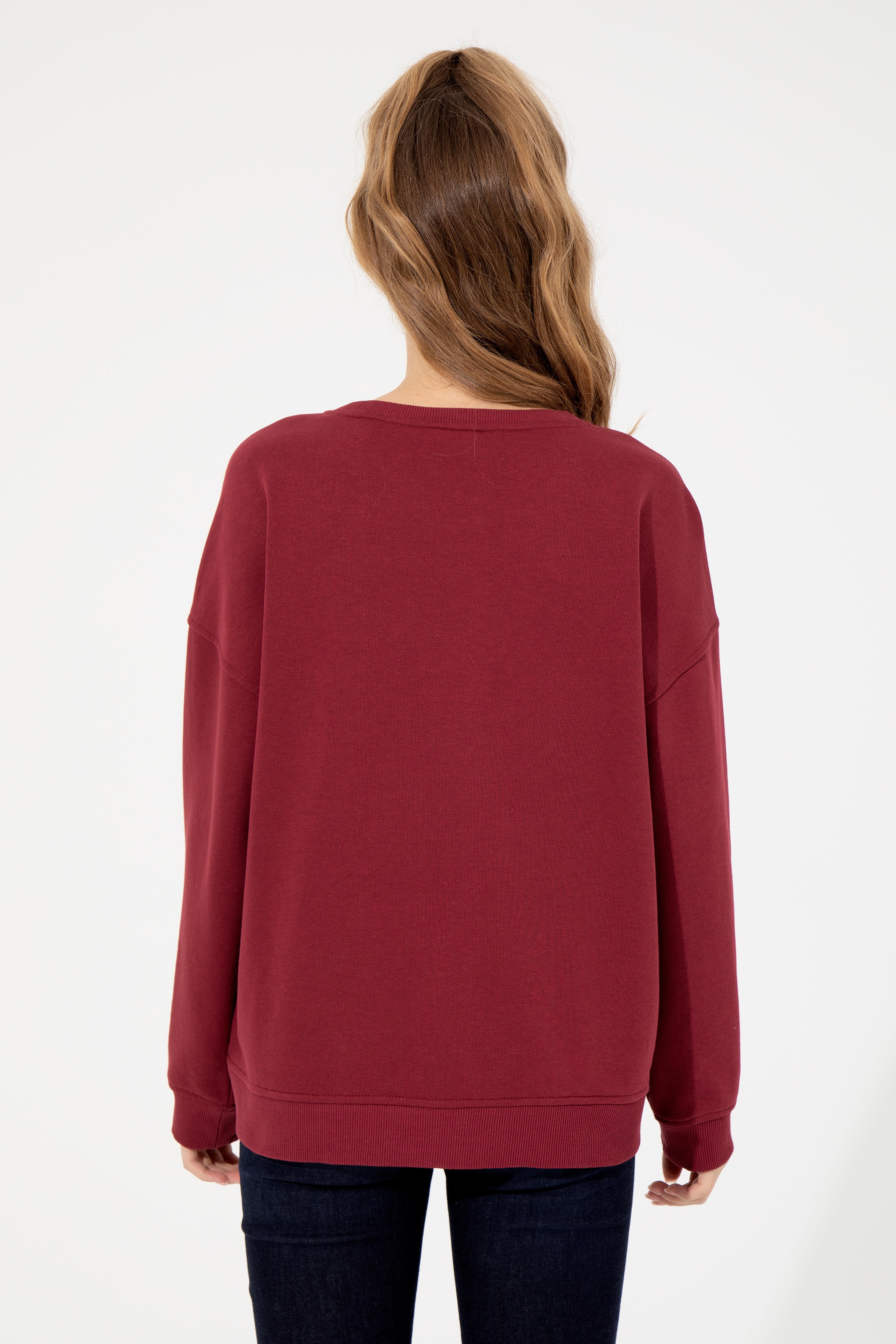 Kadın Kırmızı Bisiklet Yaka Sweatshirt