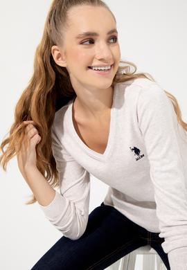 Kadın Krem Melanj V Yaka Basic Kazak - 50251913074