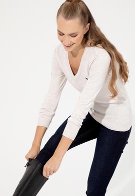 Kadın Krem Melanj V Yaka Basic Kazak - 50251913074