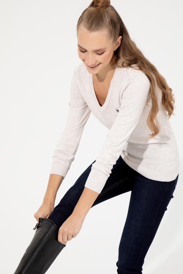 Kadın Krem Melanj V Yaka Basic Kazak - 50251913074