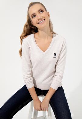 Kadın Krem Melanj V Yaka Basic Kazak - 50251913074