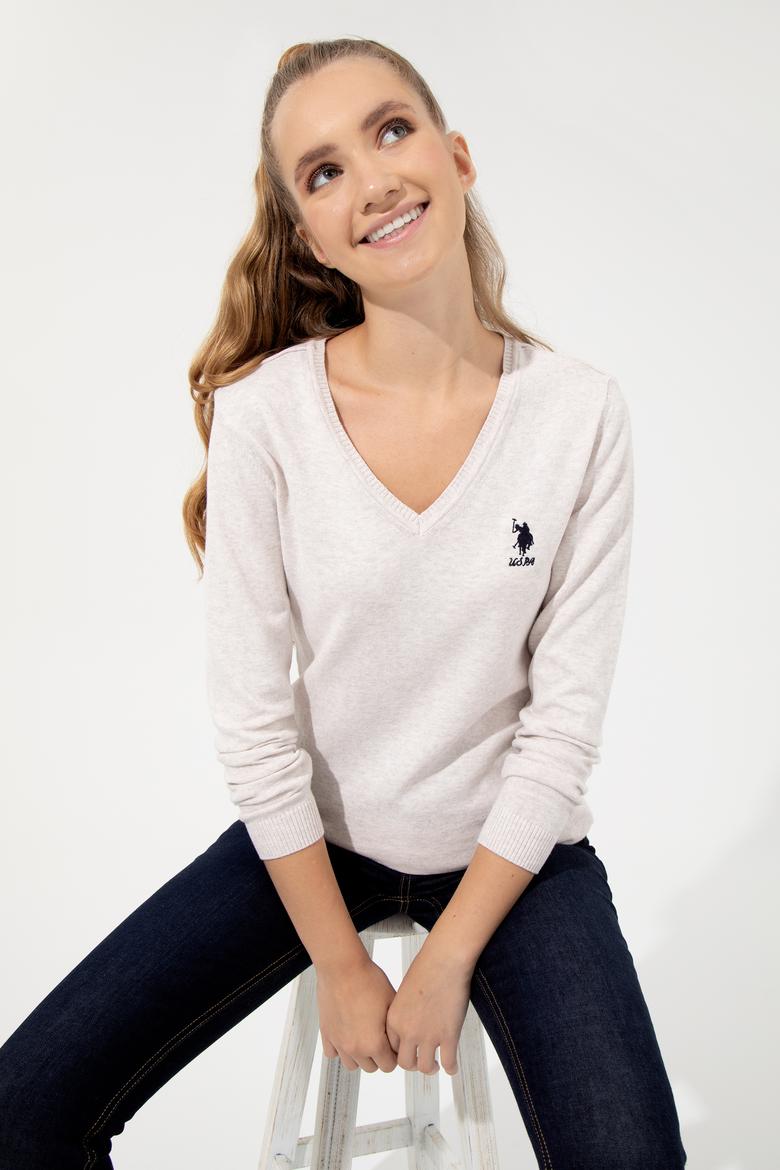 Kadın Krem Melanj V Yaka Basic Kazak - 50251913074