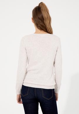 Kadın Krem Melanj V Yaka Basic Kazak - 50251913074