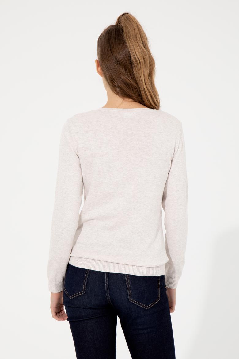 Kadın Krem Melanj V Yaka Basic Kazak - 50251913074