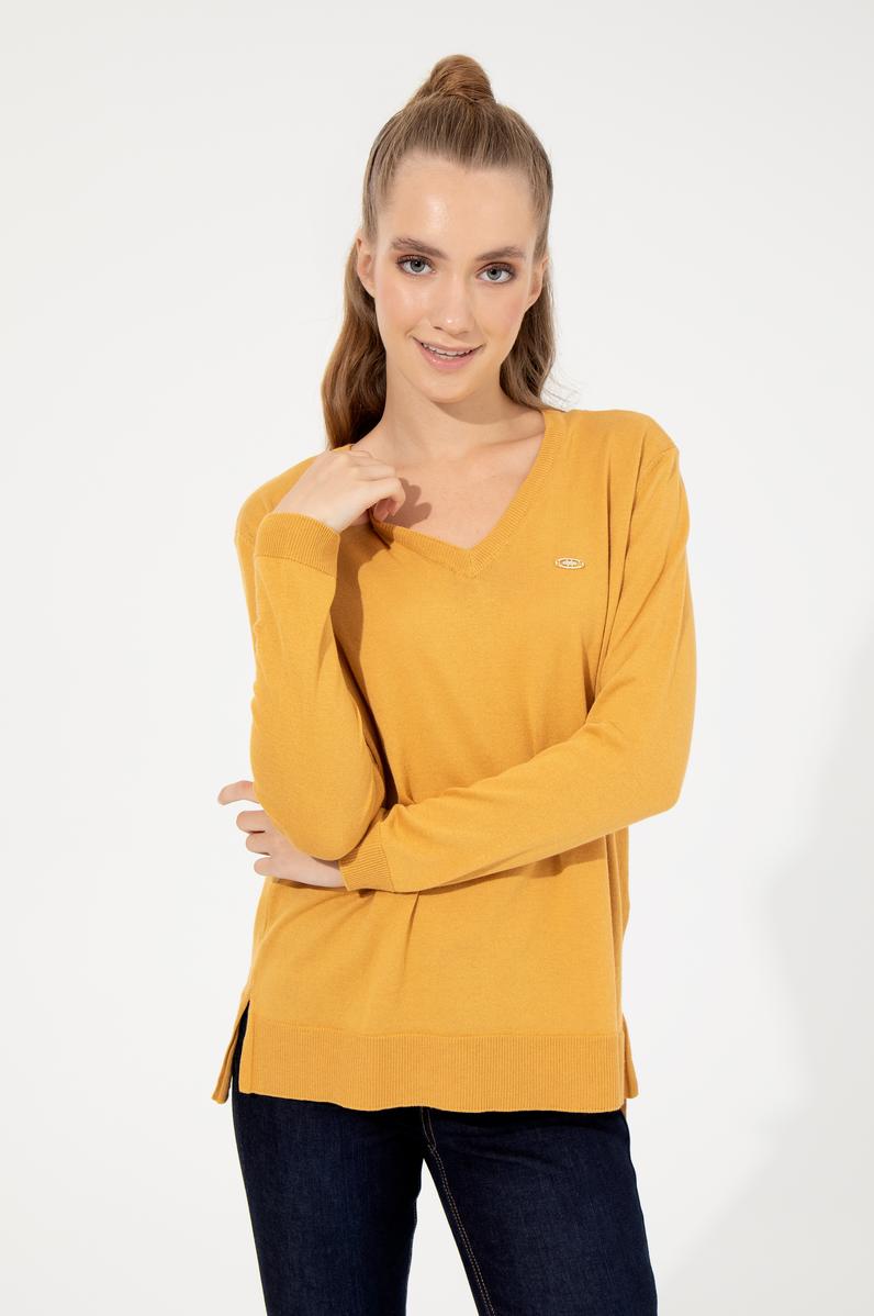 Kadın Safran Basic V Yaka Kazak