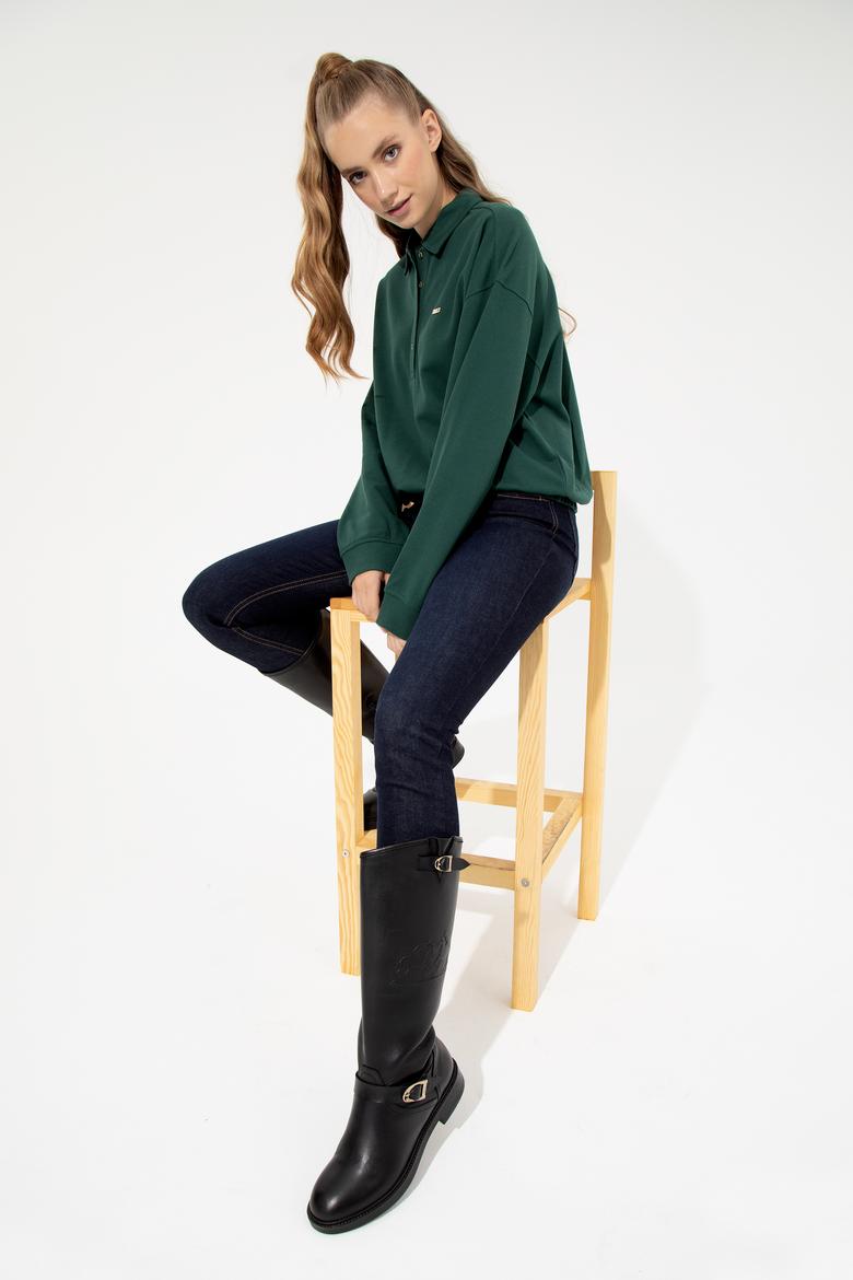 Kadın Yeşil Polo Yaka Sweatshirt - 50260880021