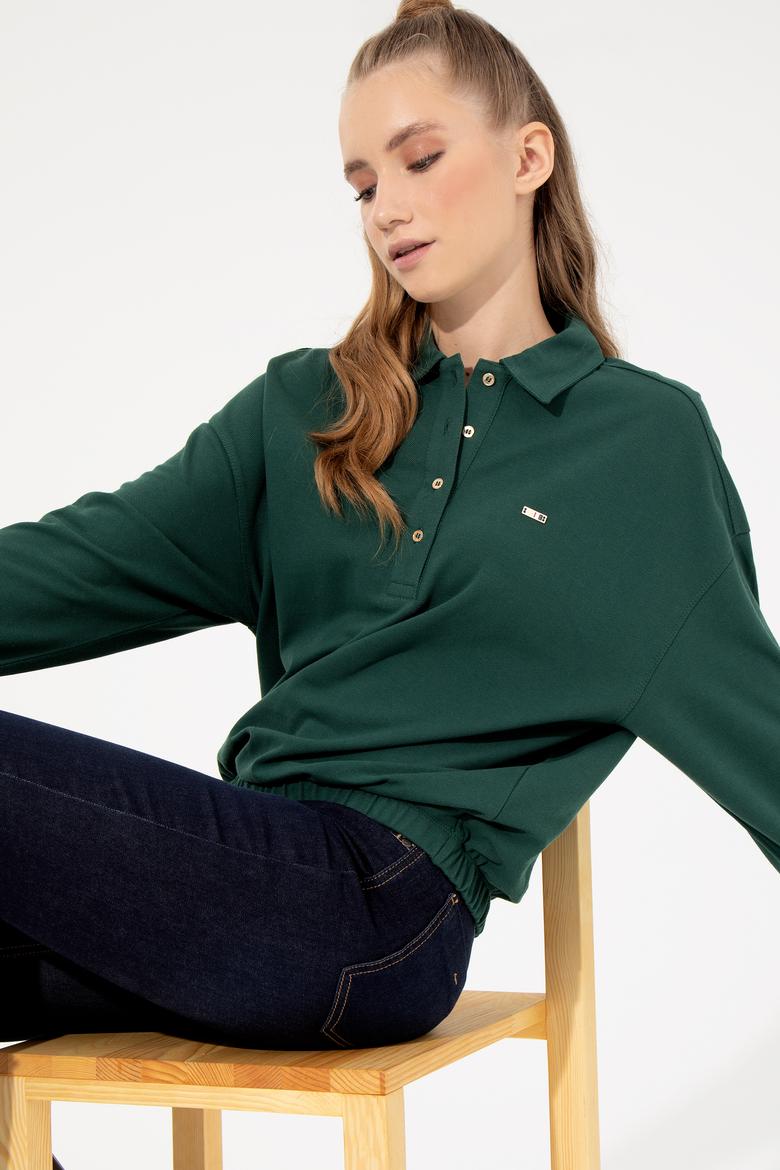 Kadın Yeşil Polo Yaka Sweatshirt - 50260880021