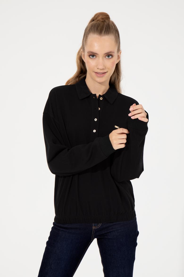 Kadın Siyah Polo Yaka Sweatshirt