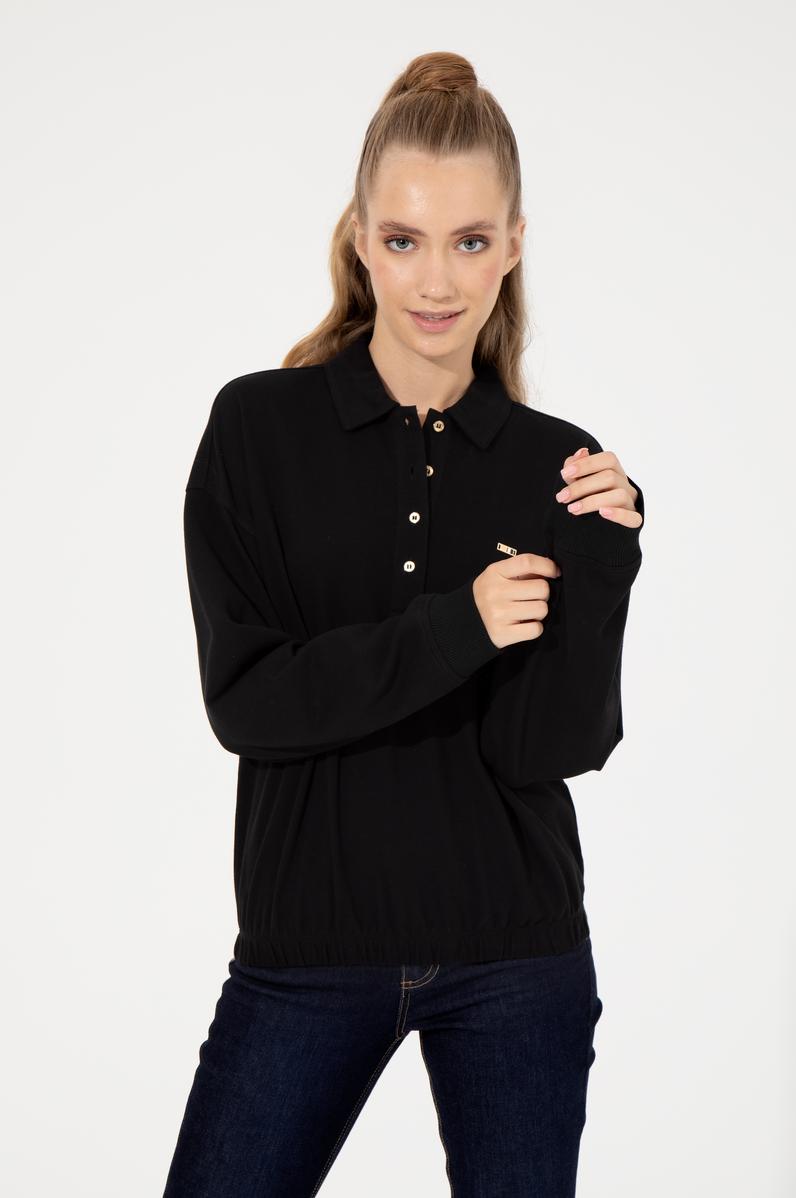Kadın Siyah Polo Yaka Sweatshirt