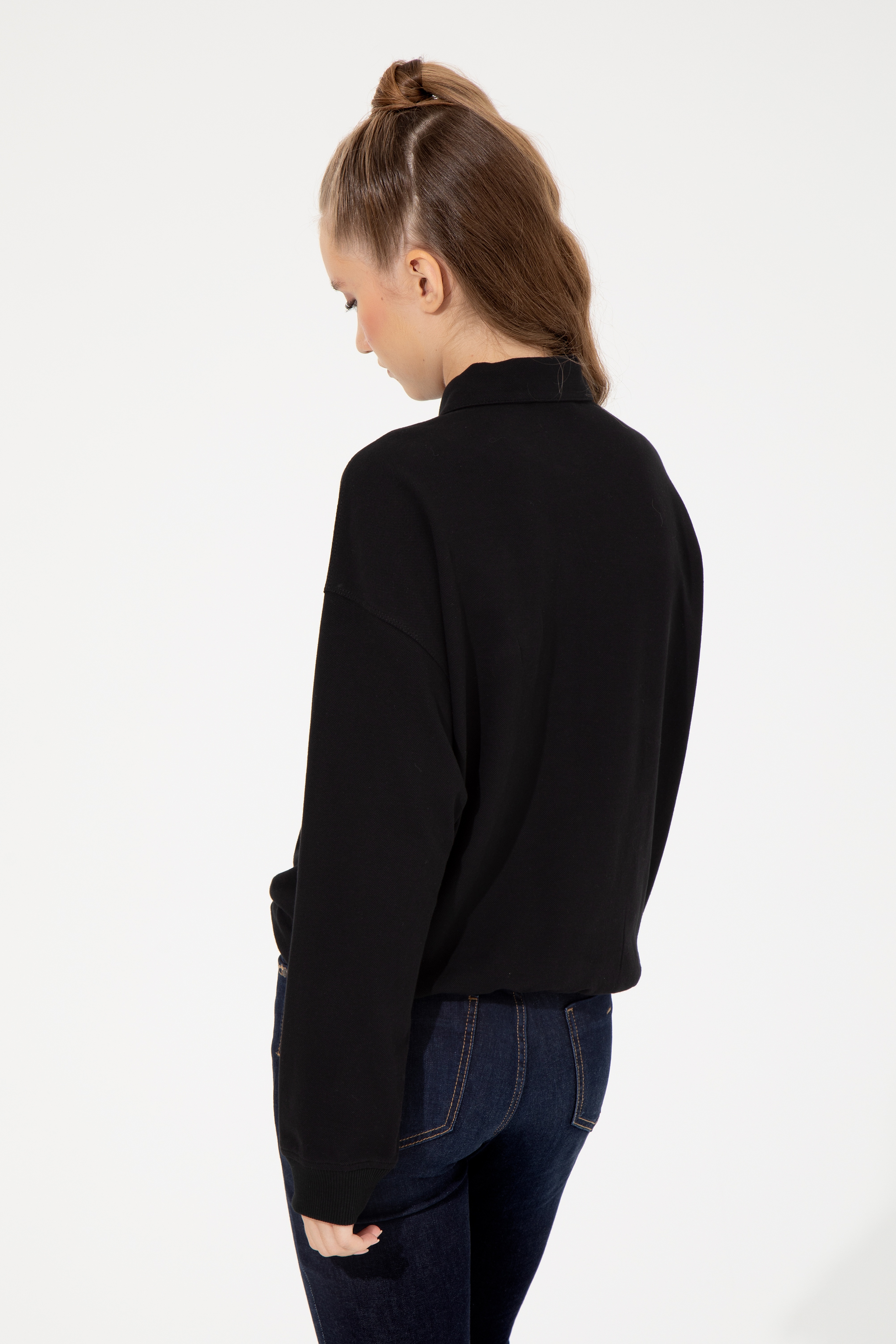 Kadın Siyah Polo Yaka Sweatshirt - Image 5