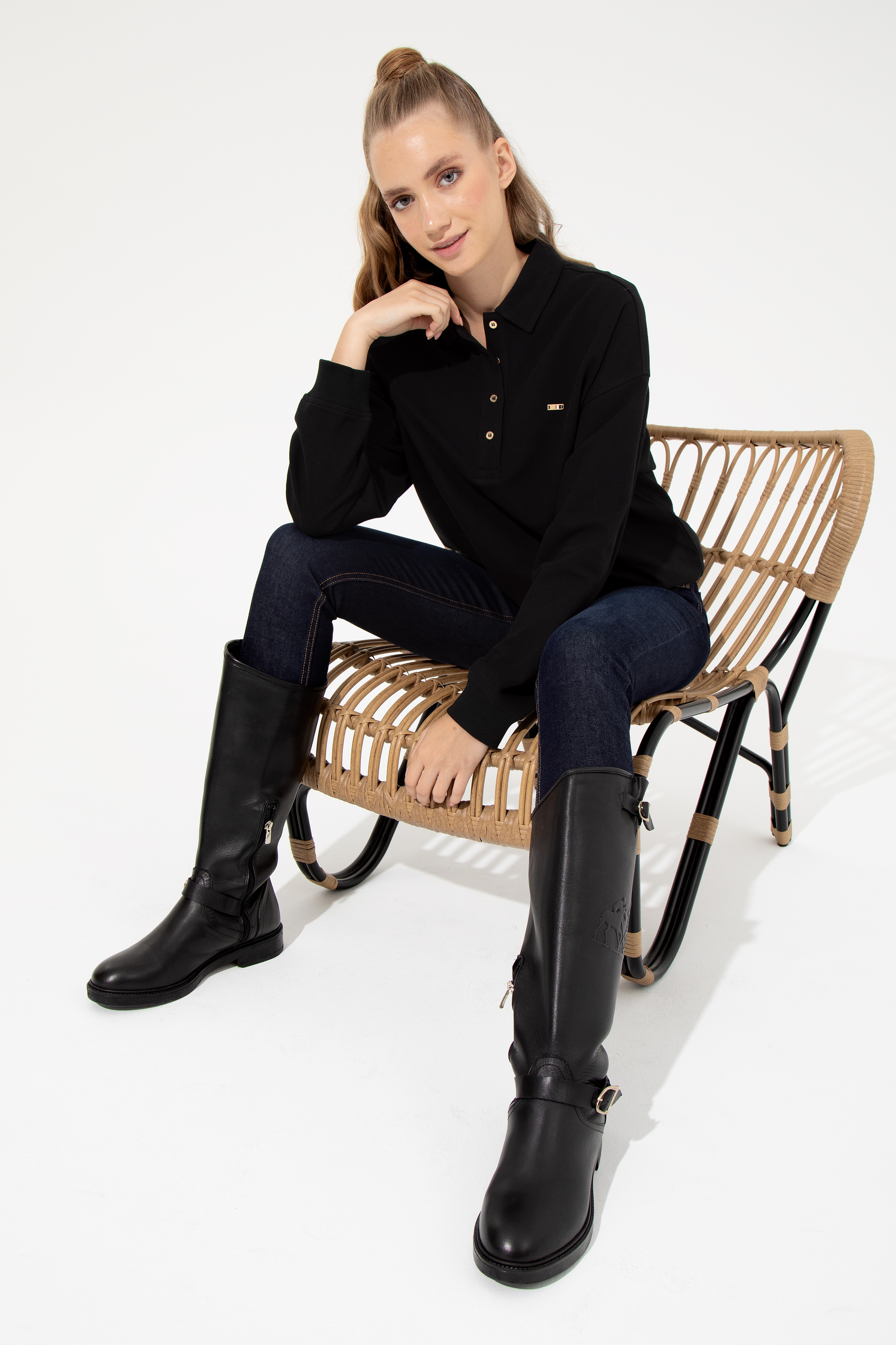 Kadın Siyah Polo Yaka Sweatshirt - Image 2