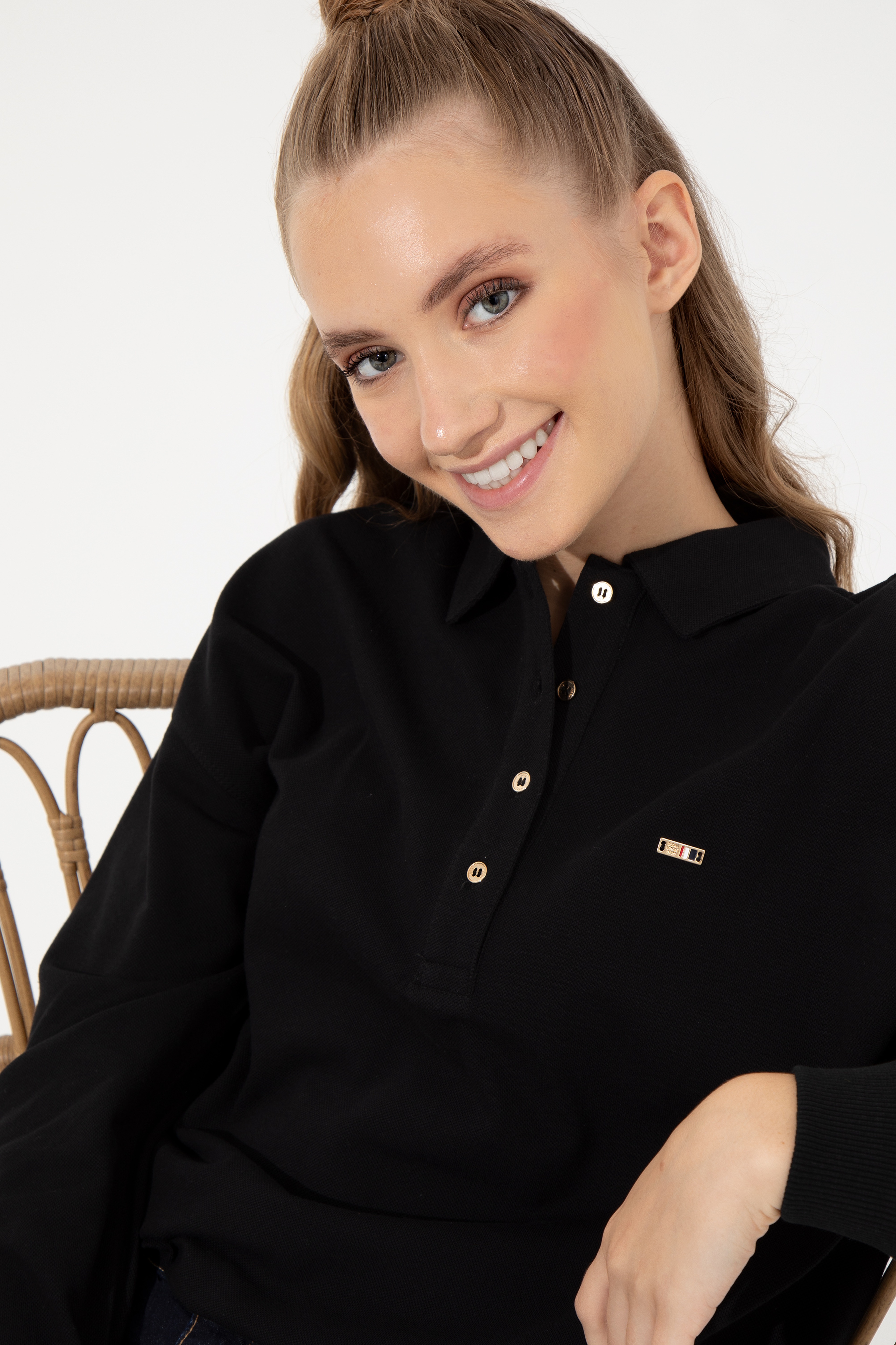 Kadın Siyah Polo Yaka Sweatshirt