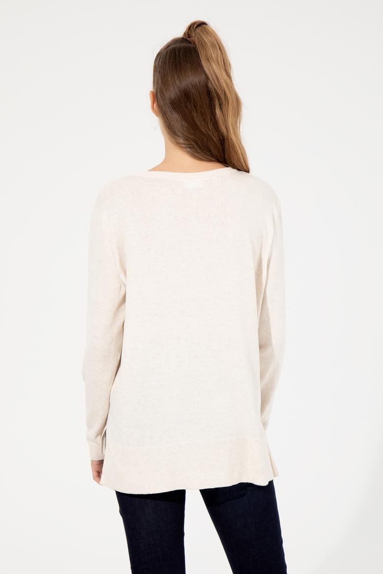 Kadın Krem Melanj  V Yaka Basic Kazak - 50251912065