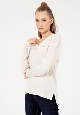 Kadın Krem Melanj  V Yaka Basic Kazak - 50251912065