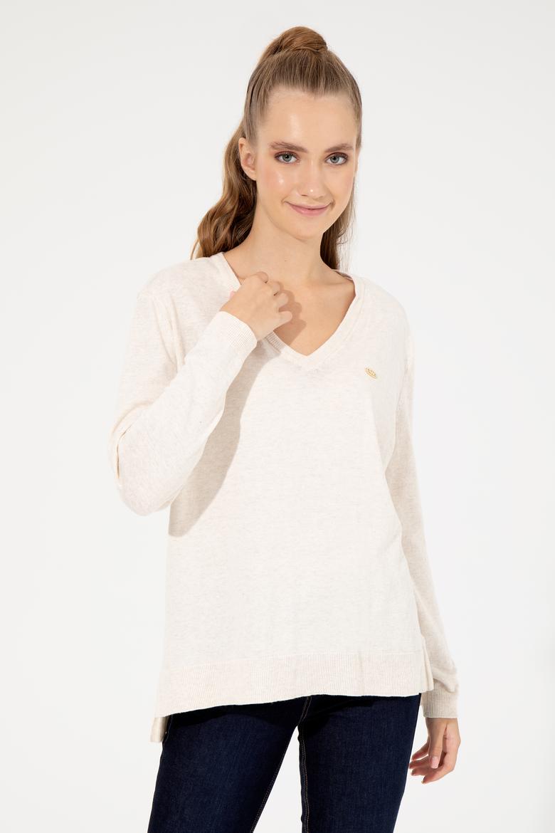 Kadın Krem Melanj  V Yaka Basic Kazak - 50251912065